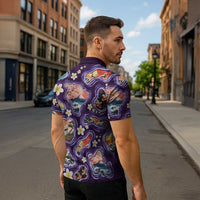 Hawaii Islands Map Design with Japanese Landscape Zipper Polo Shirt Hawaiian Japan Fusion Art Purple Color