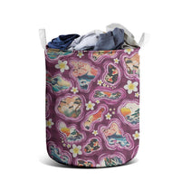 Hawaii Islands Map Design with Japanese Landscape Laundry Basket Hawaiian Japan Fusion Art Pink Color