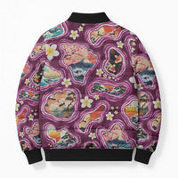 Hawaii Islands Map Design with Japanese Landscape Bomber Puffer Jacket Hawaiian Japan Fusion Art Pink Color