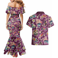 Hawaii Islands Map Design with Japanese Landscape Couples Matching Mermaid Dress and Hawaiian Shirt Hawaiian Japan Fusion Art Pink Color
