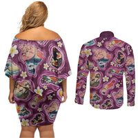 Hawaii Islands Map Design with Japanese Landscape Couples Matching Off Shoulder Short Dress and Long Sleeve Button Shirt Hawaiian Japan Fusion Art Pink Color