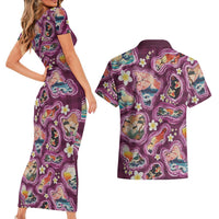 Hawaii Islands Map Design with Japanese Landscape Couples Matching Short Sleeve Bodycon Dress and Hawaiian Shirt Hawaiian Japan Fusion Art Pink Color