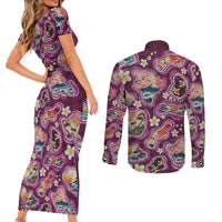Hawaii Islands Map Design with Japanese Landscape Couples Matching Short Sleeve Bodycon Dress and Long Sleeve Button Shirt Hawaiian Japan Fusion Art Pink Color