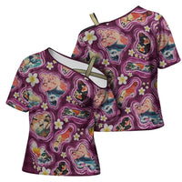 Hawaii Islands Map Design with Japanese Landscape Cross Shoulder Shirt Hawaiian Japan Fusion Art Pink Color