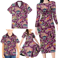 Hawaii Islands Map Design with Japanese Landscape Family Matching Long Sleeve Bodycon Dress and Hawaiian Shirt Hawaiian Japan Fusion Art Pink Color