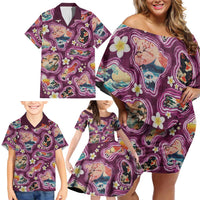 Hawaii Islands Map Design with Japanese Landscape Family Matching Off Shoulder Short Dress and Hawaiian Shirt Hawaiian Japan Fusion Art Pink Color LT03 - Polynesian Pride
