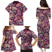 Hawaii Islands Map Design with Japanese Landscape Family Matching Puletasi and Hawaiian Shirt Hawaiian Japan Fusion Art Pink Color