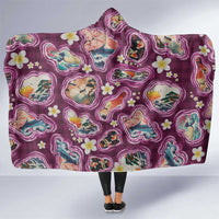 Hawaii Islands Map Design with Japanese Landscape Hooded Blanket Hawaiian Japan Fusion Art Pink Color