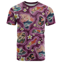 Hawaii Islands Map Design with Japanese Landscape T Shirt Hawaiian Japan Fusion Art Pink Color