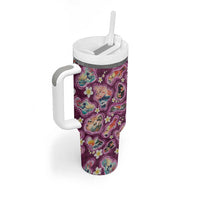 Hawaii Islands Map Design with Japanese Landscape Tumbler With Handle Hawaiian Japan Fusion Art Pink Color