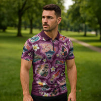 Hawaii Islands Map Design with Japanese Landscape Zipper Polo Shirt Hawaiian Japan Fusion Art Pink Color
