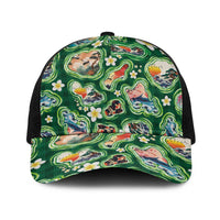 Hawaiian and Japanese Culture Together Baseball Net Cap Hawaiian Island Shapes with Japanese Landscape Green Color