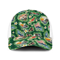Hawaiian and Japanese Culture Together Baseball Net Cap Hawaiian Island Shapes with Japanese Landscape Green Color