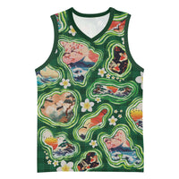 Hawaiian and Japanese Culture Together Basketball Jersey Hawaiian Island Shapes with Japanese Landscape Green Color