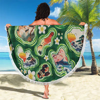 Hawaiian and Japanese Culture Together Beach Blanket Hawaiian Island Shapes with Japanese Landscape Green Color