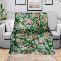 Hawaiian and Japanese Culture Together Blanket Hawaiian Island Shapes with Japanese Landscape Green Color