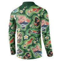 Hawaiian and Japanese Culture Together Button Sweatshirt Hawaiian Island Shapes with Japanese Landscape Green Color
