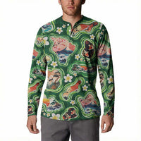 Hawaiian and Japanese Culture Together Button Sweatshirt Hawaiian Island Shapes with Japanese Landscape Green Color