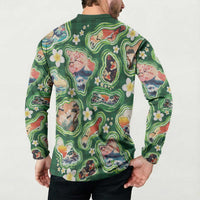 Hawaiian and Japanese Culture Together Button Sweatshirt Hawaiian Island Shapes with Japanese Landscape Green Color
