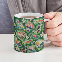 Hawaiian and Japanese Culture Together Ceramic Mug Hawaiian Island Shapes with Japanese Landscape Green Color