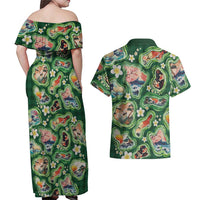 Hawaiian and Japanese Culture Together Couples Matching Off Shoulder Maxi Dress and Hawaiian Shirt Hawaiian Island Shapes with Japanese Landscape Green Color LT03 - Polynesian Pride