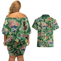 Hawaiian and Japanese Culture Together Couples Matching Off Shoulder Short Dress and Hawaiian Shirt Hawaiian Island Shapes with Japanese Landscape Green Color LT03 - Polynesian Pride