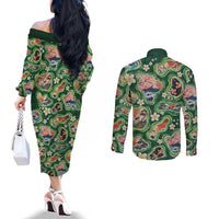 Hawaiian and Japanese Culture Together Couples Matching Off The Shoulder Long Sleeve Dress and Long Sleeve Button Shirt Hawaiian Island Shapes with Japanese Landscape Green Color