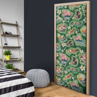 Hawaiian and Japanese Culture Together Door Cover Hawaiian Island Shapes with Japanese Landscape Green Color