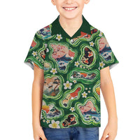 Hawaiian and Japanese Culture Together Family Matching Mermaid Dress and Hawaiian Shirt Hawaiian Island Shapes with Japanese Landscape Green Color