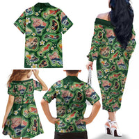 Hawaiian and Japanese Culture Together Family Matching Off The Shoulder Long Sleeve Dress and Hawaiian Shirt Hawaiian Island Shapes with Japanese Landscape Green Color