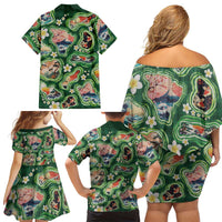 Hawaiian and Japanese Culture Together Family Matching Off Shoulder Short Dress and Hawaiian Shirt Hawaiian Island Shapes with Japanese Landscape Green Color