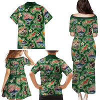 Hawaiian and Japanese Culture Together Family Matching Puletasi and Hawaiian Shirt Hawaiian Island Shapes with Japanese Landscape Green Color