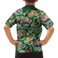 Hawaiian and Japanese Culture Together Family Matching Summer Maxi Dress and Hawaiian Shirt Hawaiian Island Shapes with Japanese Landscape Green Color