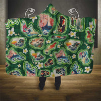 Hawaiian and Japanese Culture Together Hooded Blanket Hawaiian Island Shapes with Japanese Landscape Green Color