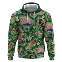Hawaiian and Japanese Culture Together Hoodie Hawaiian Island Shapes with Japanese Landscape Green Color