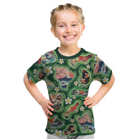 Hawaiian and Japanese Culture Together Kid T Shirt Hawaiian Island Shapes with Japanese Landscape Green Color