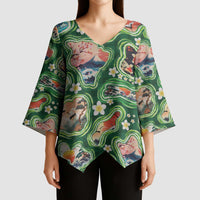 Hawaiian and Japanese Culture Together Kimono Sleeve Blouse Hawaiian Island Shapes with Japanese Landscape Green Color