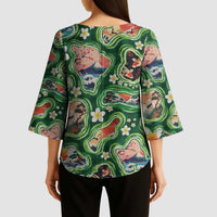 Hawaiian and Japanese Culture Together Kimono Sleeve Blouse Hawaiian Island Shapes with Japanese Landscape Green Color