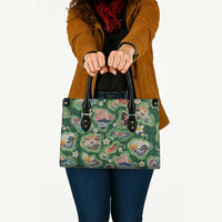 Hawaiian and Japanese Culture Together Leather Bag Hawaiian Island Shapes with Japanese Landscape Green Color