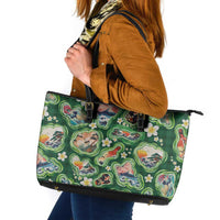 Hawaiian and Japanese Culture Together Leather Tote Bag Hawaiian Island Shapes with Japanese Landscape Green Color