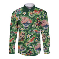 Hawaiian and Japanese Culture Together Long Sleeve Button Shirt Hawaiian Island Shapes with Japanese Landscape Green Color