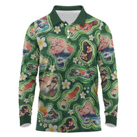 Hawaiian and Japanese Culture Together Long Sleeve Polo Shirt Hawaiian Island Shapes with Japanese Landscape Green Color LT03 Green - Polynesian Pride