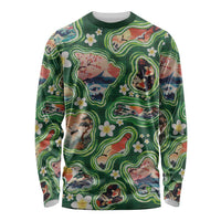 Hawaiian and Japanese Culture Together Long Sleeve Shirt Hawaiian Island Shapes with Japanese Landscape Green Color