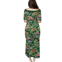 Hawaiian and Japanese Culture Together Puletasi Hawaiian Island Shapes with Japanese Landscape Green Color