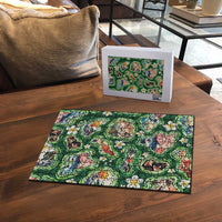 Hawaiian and Japanese Culture Together Puzzle Hawaiian Island Shapes with Japanese Landscape Green Color
