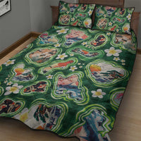 Hawaiian and Japanese Culture Together Quilt Bed Set Hawaiian Island Shapes with Japanese Landscape Green Color