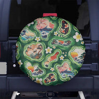 Hawaiian and Japanese Culture Together Spare Tire Cover Hawaiian Island Shapes with Japanese Landscape Green Color