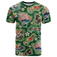 Hawaiian and Japanese Culture Together T Shirt Hawaiian Island Shapes with Japanese Landscape Green Color