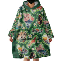 Hawaiian and Japanese Culture Together Wearable Blanket Hoodie Hawaiian Island Shapes with Japanese Landscape Green Color
