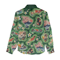 Hawaiian and Japanese Culture Together Women Casual Shirt Hawaiian Island Shapes with Japanese Landscape Green Color